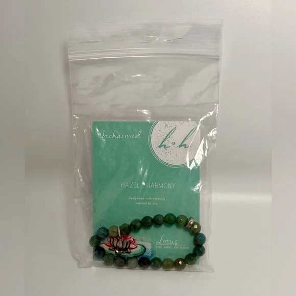 Moss Agate & Pewter Lotus Charm Stretch Bracelet NIP - Hazel and Harmony - Picture 10 of 13